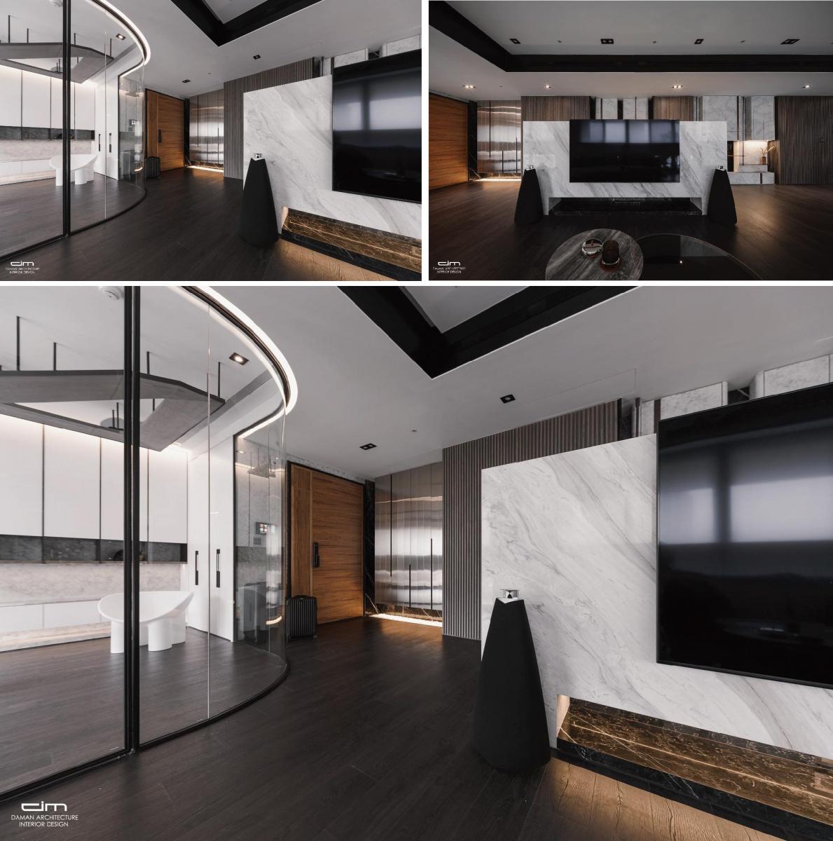 豪宅設計，客廳利用暖色調間接光源溫潤空間氛圍