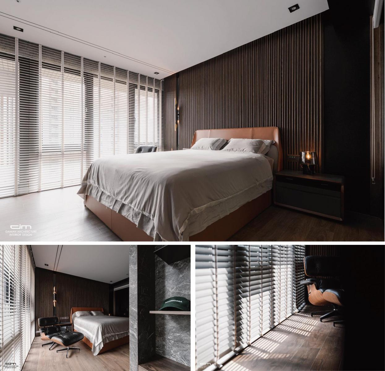 豪宅設計，主臥室設計以深色調柔和光源塑造空間韻味
