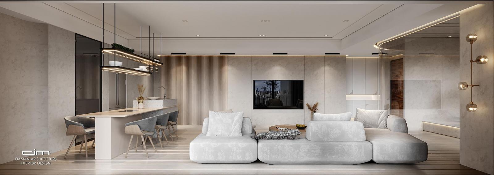 現代簡約風裝潢，協調各空間色澤、調性、質感完美融合在豪宅客廳設計中